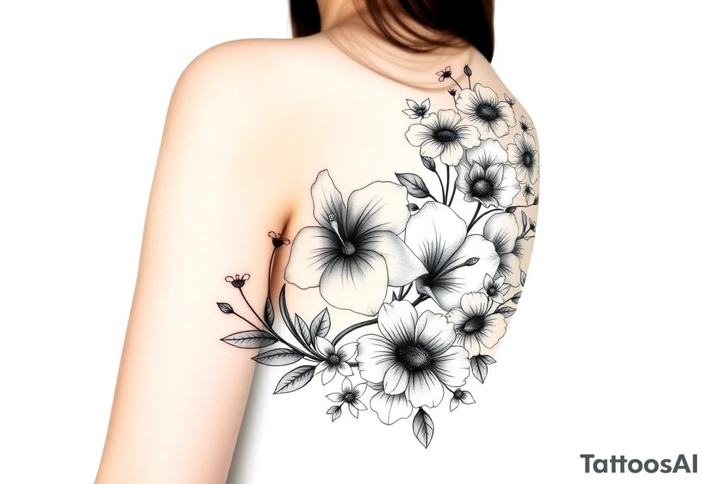 This tattoo is on a woman. It starts on her left side of the chest on the pectoral with a Glaiolus and Daisy together, then the tattoo rises over the left shoulder and down the arm and ends at the elbow. The tattoo will include a primroses, Calla Lilys, and Lillys. It will be light on color except in the petals and has light shading to make it pop. It will not wrap around the chest but rather bloom upwards from the pectoral and spill over the shoulder and down to the elbow. tattoo idea