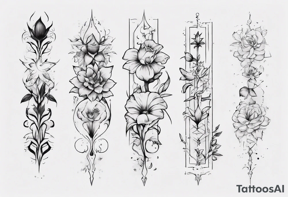 Design a vertical tattoo where shapes and lines, excluding flowers, represent various stages of my life, reflecting the evolution of my character and perception. Ensure it suits the placement on the back of the forearm. tattoo idea