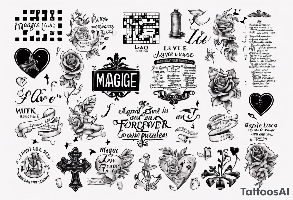 The words Maggie and Lucas and Love and Forever in a crossword puzzle tattoo idea