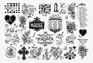 The words Maggie and Lucas and Love and Forever in a crossword puzzle tattoo idea