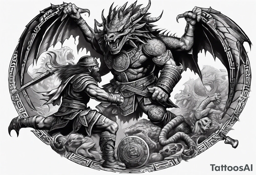 aztec dwarven warrior fighting against a dragon in the pits of hell tattoo idea