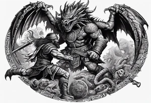 aztec dwarven warrior fighting against a dragon in the pits of hell tattoo idea