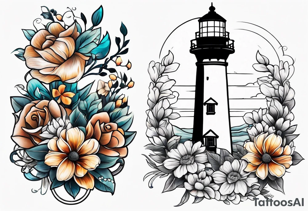 Lighthouse anchor and flowers tattoo idea
