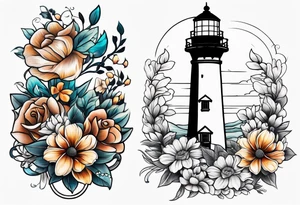 Lighthouse anchor and flowers tattoo idea