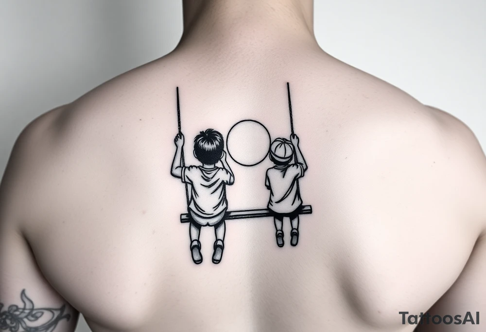 2 boys swinging on swings at a park while the sun is setting tattoo idea