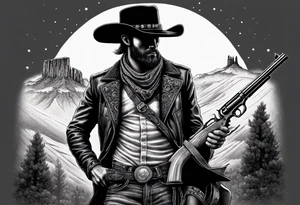 skeleton with a cowboy hat, holding a revolver, in the background there's a western hill and a man on a horseback tattoo idea