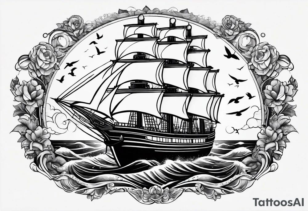 huge ship in the sea with sun on the sky and birds
without many details tattoo idea