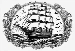 huge ship in the sea with sun on the sky and birds
without many details tattoo idea