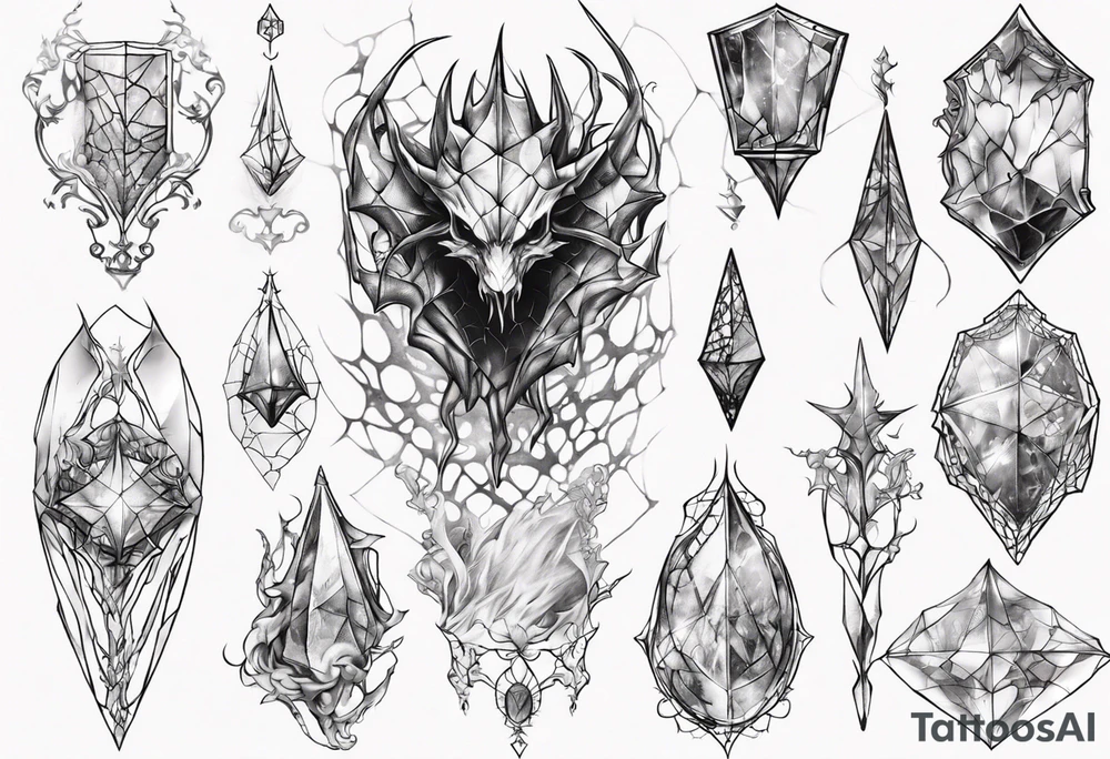 Shattered crystal chalice tangled spiderweb dragon scales tattoo idea