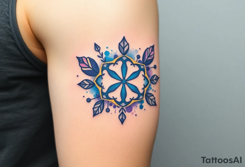 Luck symbol surrounded by positive things with blue and purple main colors tattoo idea