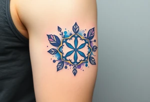 Luck symbol surrounded by positive things with blue and purple main colors tattoo idea