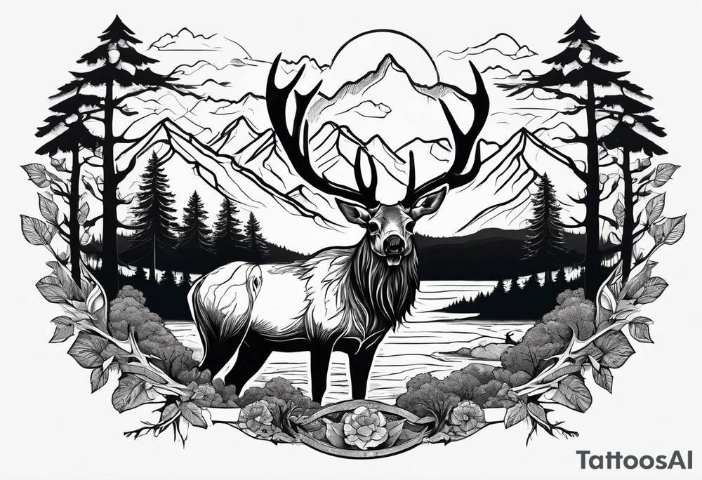 elk skull with mountains and trees
with a stream and birds overhead tattoo idea