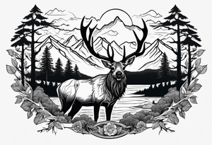 elk skull with mountains and trees
with a stream and birds overhead tattoo idea