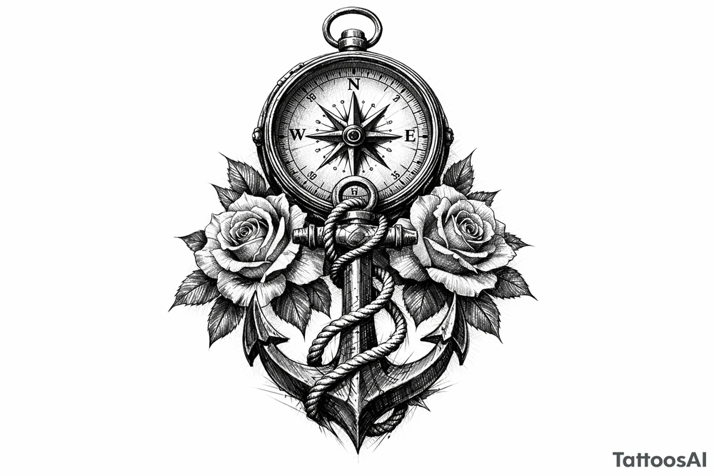 a compass under it an anchor, roses. tattoo idea