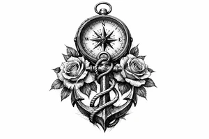 a compass under it an anchor, roses. tattoo idea