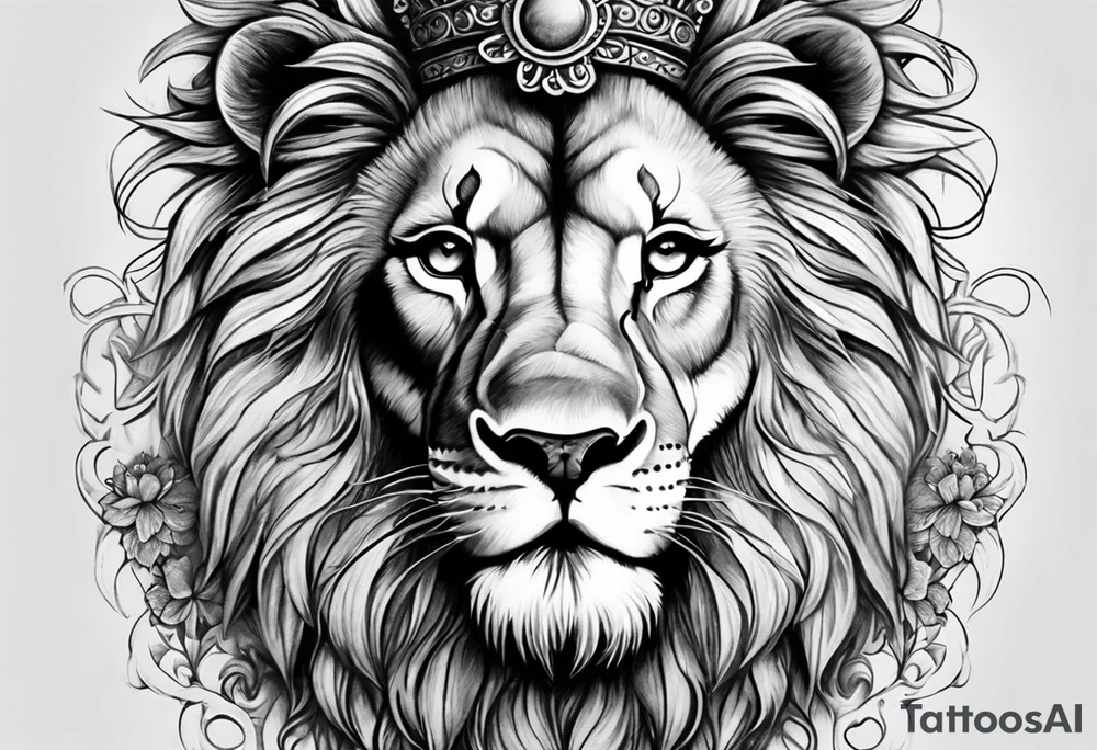 I want a detailed lion with a cross scar over his eye and a thorn crown on his head with maybe a little bit of floral work in the crown tattoo idea