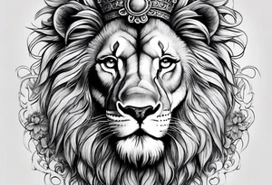 I want a detailed lion with a cross scar over his eye and a thorn crown on his head with maybe a little bit of floral work in the crown tattoo idea
