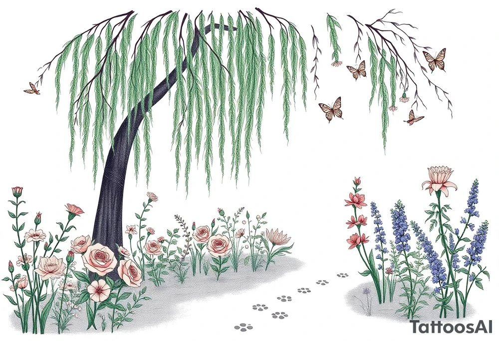 weeping willow garden with roses and liles flower beds. fantasy creatures, fairies, mermiads, dragons butterflies,  cat paw prints path in dirt. tattoo idea
