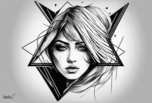 Un triangulo con una persona al medio, estilo de dibujo con lineas en blanco y negro mas simple solo lineas y una persona al centro, no mas de 6 lineas tattoo idea