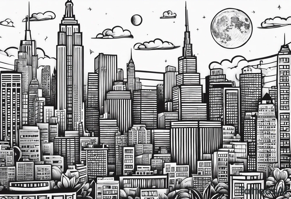 La ciudad de Nueva York con el Chrisler building y la luna como sfondo en estilo chicano tattoo idea