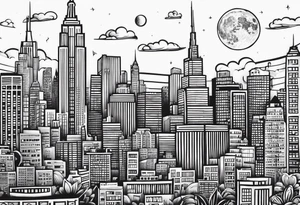 La ciudad de Nueva York con el Chrisler building y la luna como sfondo en estilo chicano tattoo idea