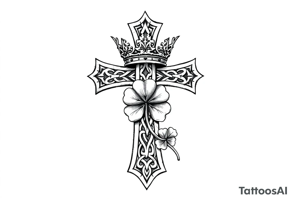 a celtic cross with a crown and a clover tattoo idea