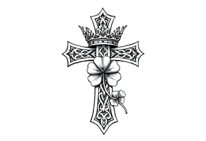 a celtic cross with a crown and a clover tattoo idea