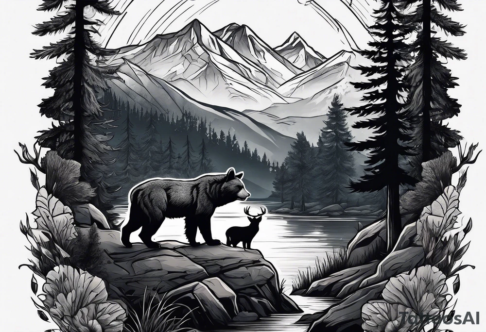 Hunter in the forest with dark mountains in the background under moonlight with bear and
 deer and a cougar tattoo idea