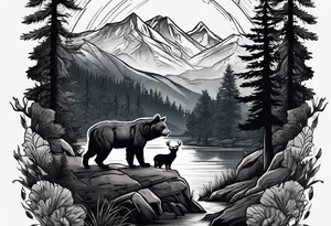 Hunter in the forest with dark mountains in the background under moonlight with bear and
 deer and a cougar tattoo idea