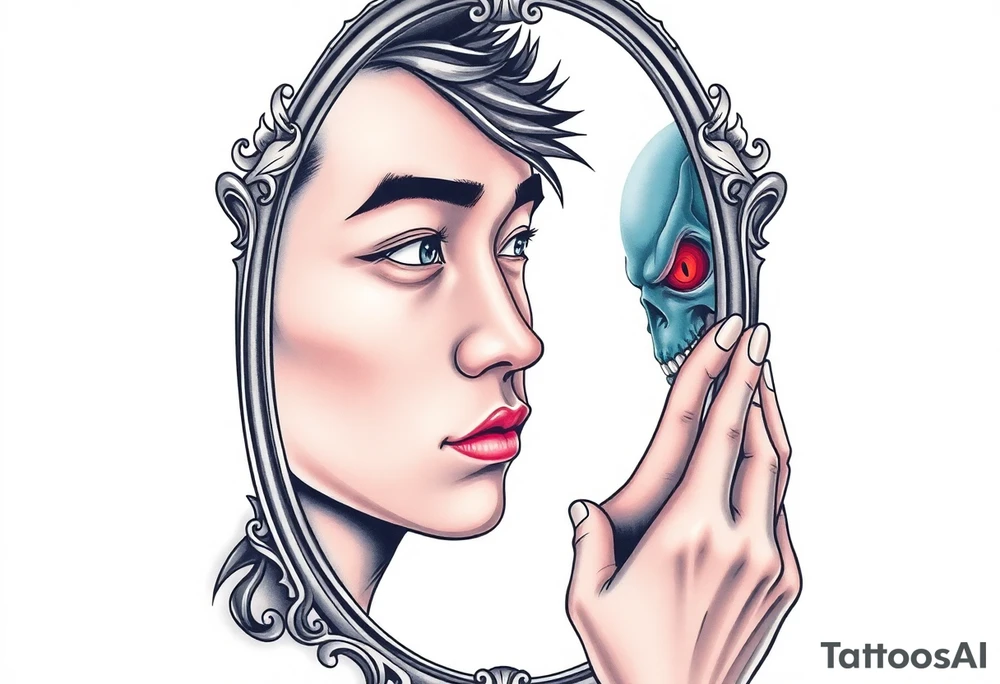 Handsome Asian young guy is looking in cursed mirror and see the evil tattoo idea