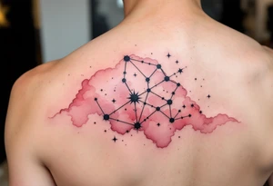The Sagittarius star constellation drawn in crisp black ink over a faded blush-pink watercolor cloud. tattoo idea