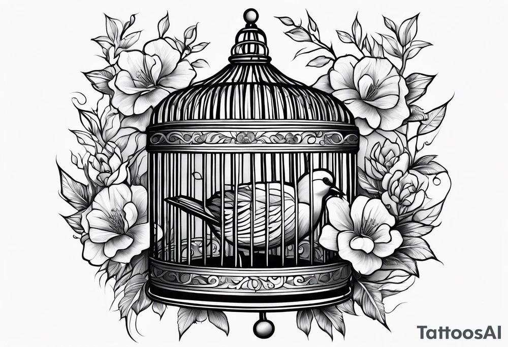 neo traditional foliage and flowers on the left top of a long bird cage tattoo idea