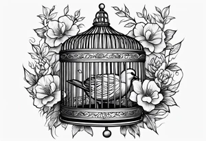 neo traditional foliage and flowers on the left top of a long bird cage tattoo idea