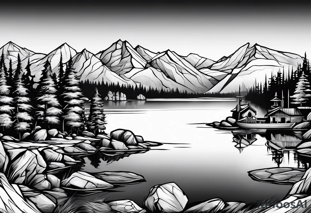 Lake view with mountains, splitted by rocks and trees and a Sea view port syle tattoo idea