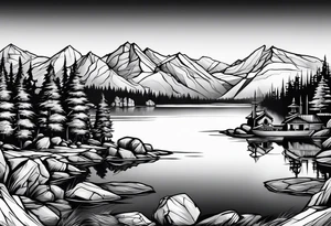 Lake view with mountains, splitted by rocks and trees and a Sea view port syle tattoo idea