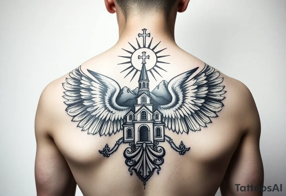 russian coat of arms with both heads visible & wings spanning out on my back neck across on to my shoulders with an orthodox christian church being visible in a mountainous sun beaming setting, with the russian orthodox cross spire of the orthodox church being visible on my neck with a sun beaming in the background that the cross sits inside tattoo idea