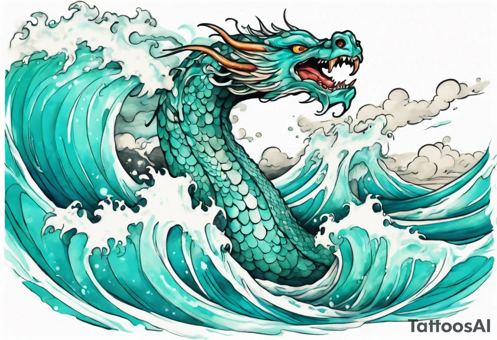 a beautiful turquoise sea serpent emerging from an ocean wave, crashing onto the shore tattoo idea