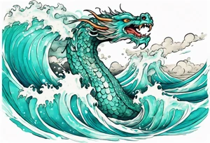 a beautiful turquoise sea serpent emerging from an ocean wave, crashing onto the shore tattoo idea
