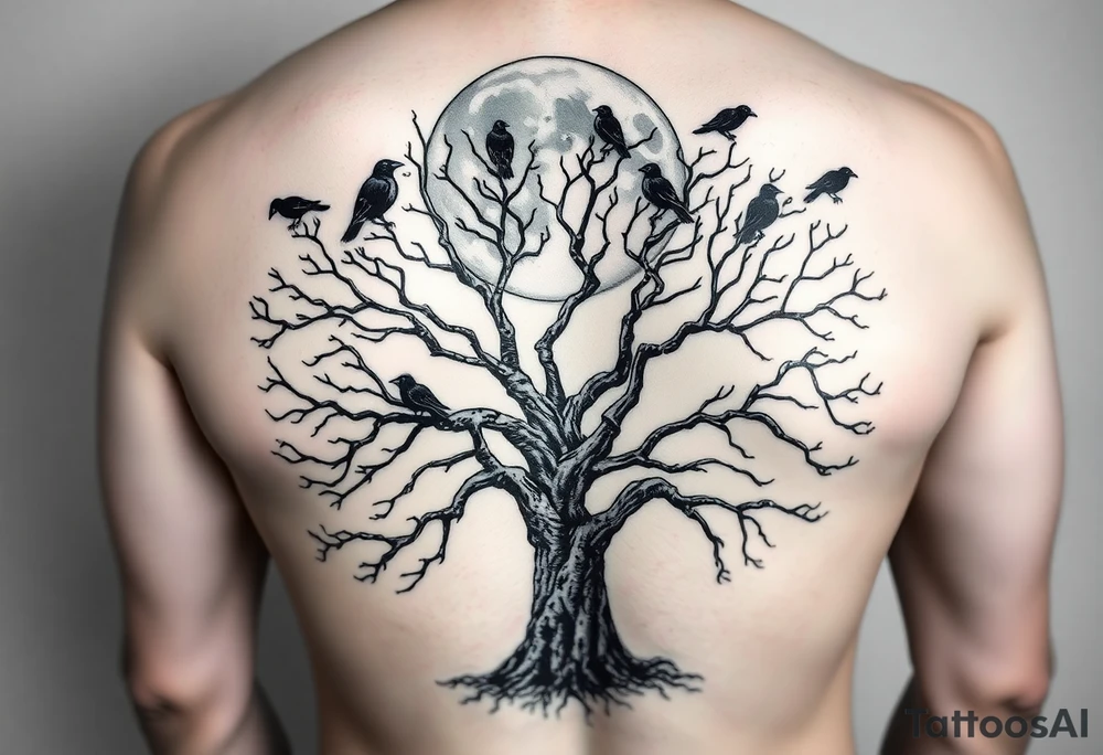 A very realistic, large tree of life that is bare with lots of crows above it a moon that’s behind that covers my whole back and two Viking hatches that would go across my shoulder blades. This is a backpiece. tattoo idea