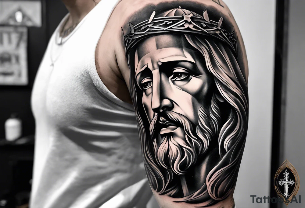 Catholic tattoo sleeve for a man. tattoo idea with Jesus on upper arm looking down tattoo idea