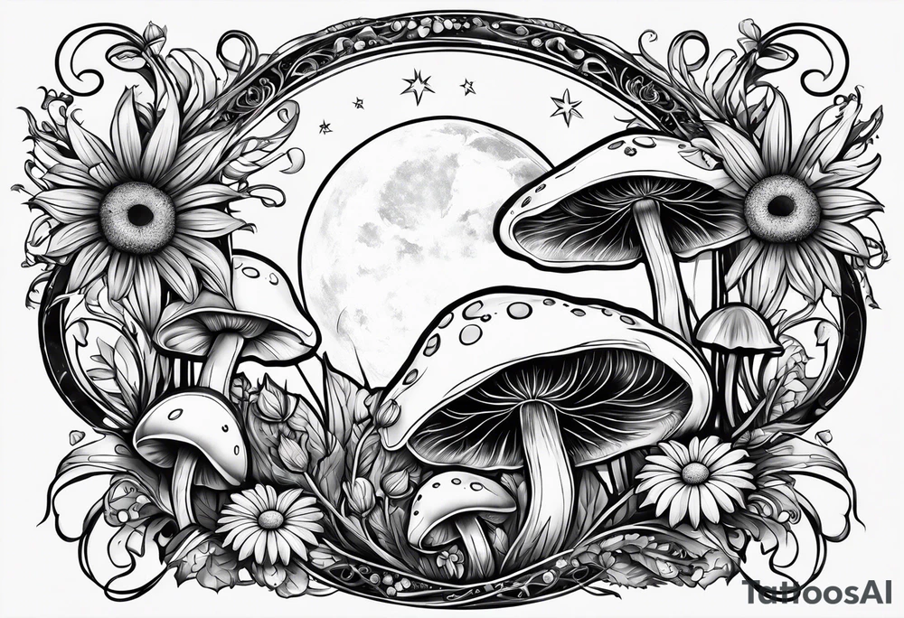 Crescent moon muschrooms and daisy’s tattoo idea