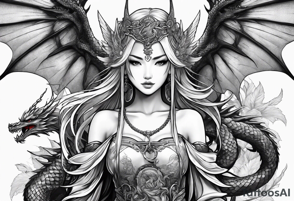 beautiful warrior nymph with dragon wings and dragon friends tattoo idea