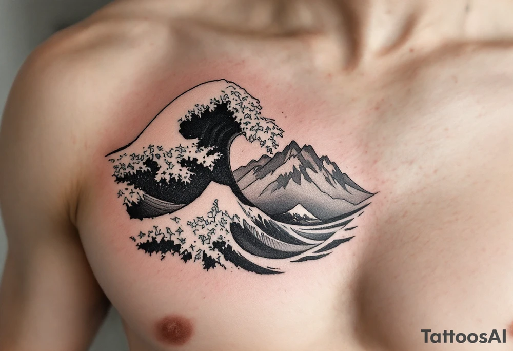 A fine-line black and gray wave flows into a mountain silhouette on the upper arm. tattoo idea