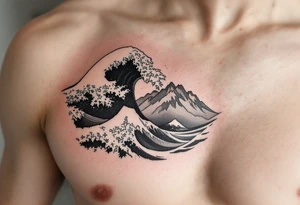A fine-line black and gray wave flows into a mountain silhouette on the upper arm. tattoo idea
