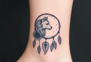 A Cresent moon dream catcher with sunflower, wolf, Harry potter, star wars, unicorn, fire heart all in one tattoo idea