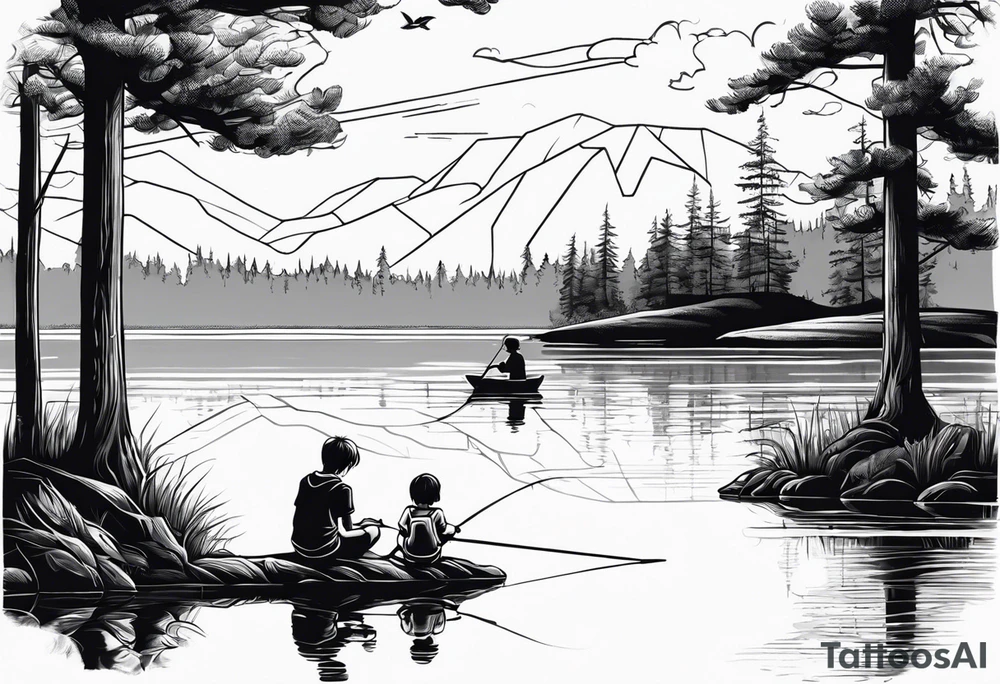 forearm tattoo set on a lake. There is a little boy sitting next to a little girl. The little boy is fishing and the little girl is reading. There are trees surrounding the lake. tattoo idea