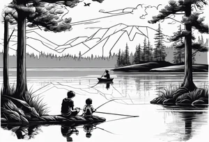 forearm tattoo set on a lake. There is a little boy sitting next to a little girl. The little boy is fishing and the little girl is reading. There are trees surrounding the lake. tattoo idea