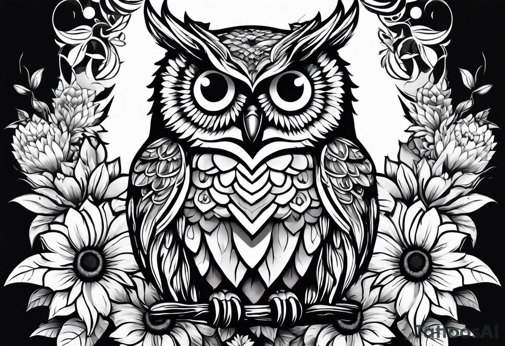 Small owl with butterfly and sunflower leg sleeve tattoo idea Small owl with butterfly and sunflower leg sleeve tattoo idea