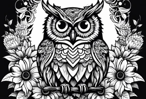 Small owl with butterfly and sunflower leg sleeve tattoo idea