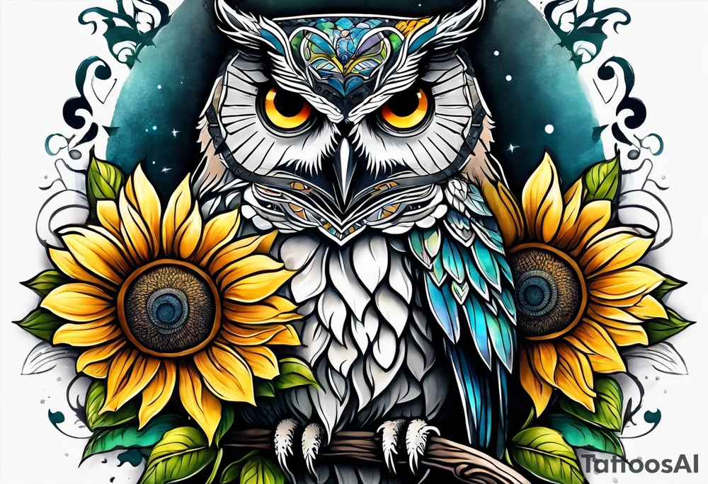 Leg sleeve with colorful sunflowers and an owl tattoo idea